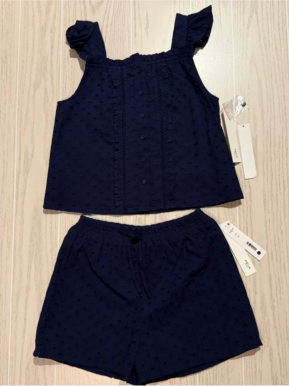 Aqua Girls Navy Eyelet Ruffle Top & Shorts Set L 10/12‎ NWT